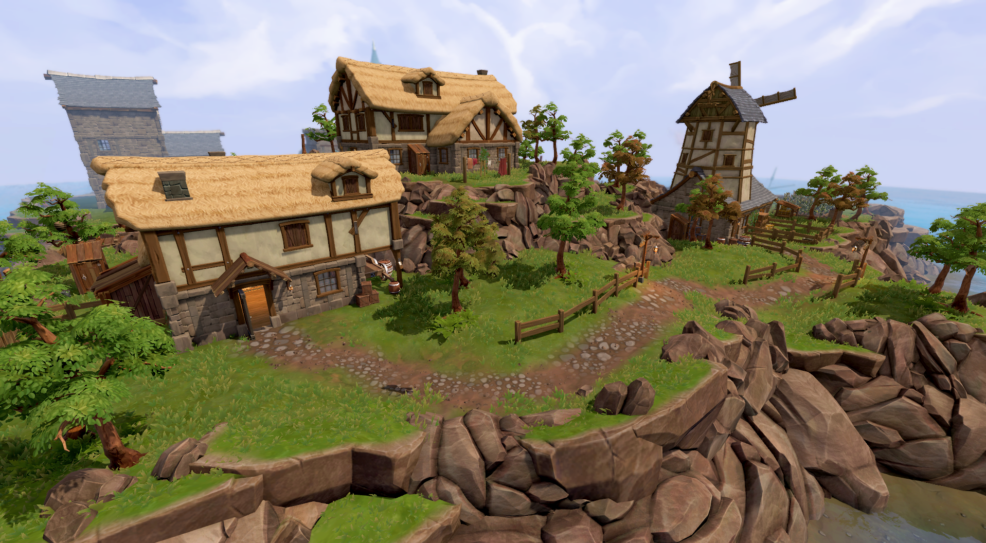 Remastered RuneScape countryside with thatched timber-framed cottages, a windmill, a cobbled path and wooden fences on rocky ground