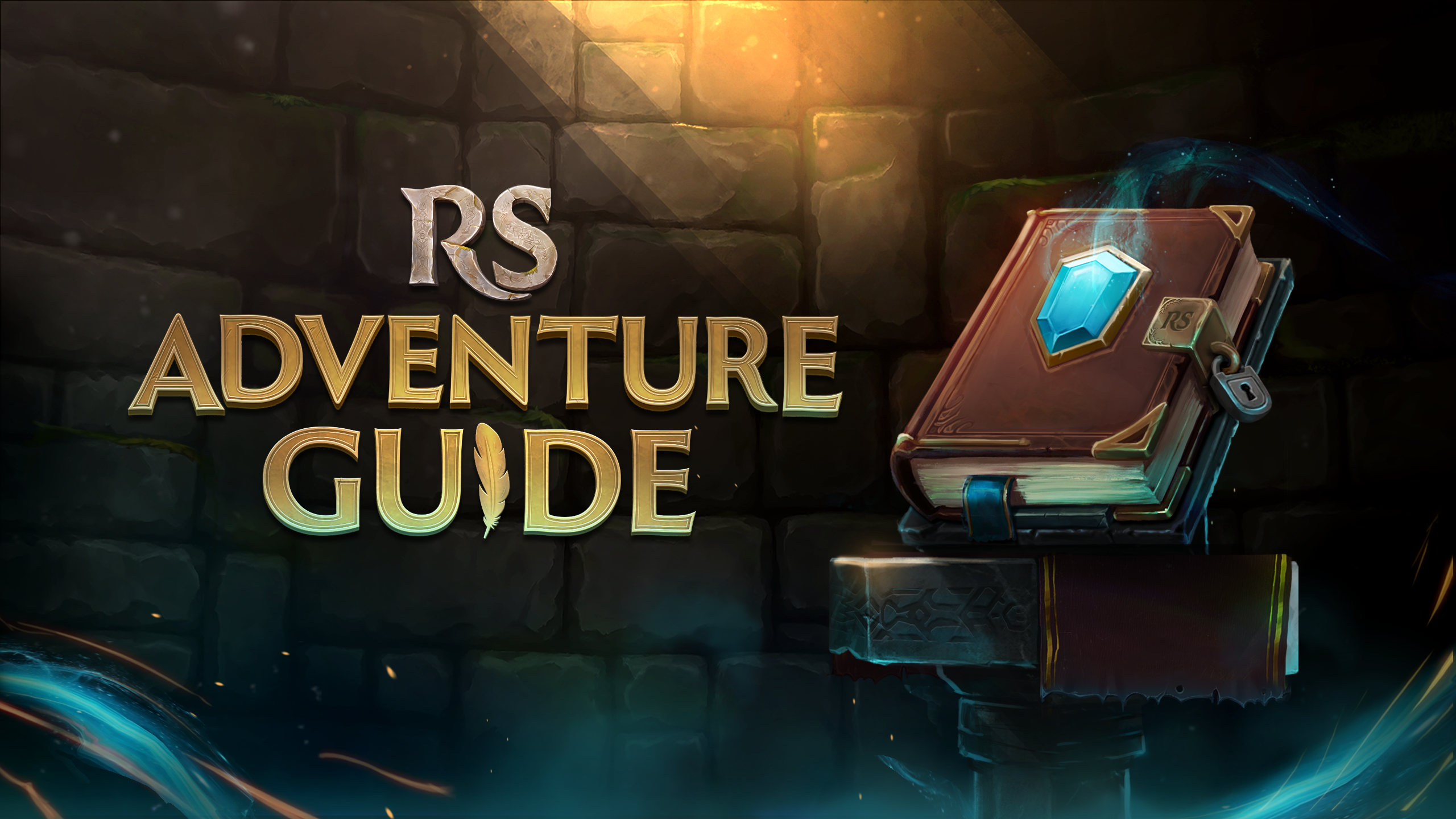 RuneScape Adventure Guide key art showing a leather-bound book with a blue gem and padlock on a stone plinth